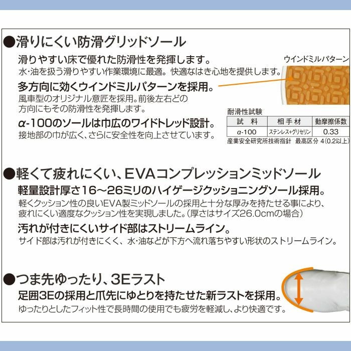 MST77241 α-100 SUN-S サンエス シェフメイト A100 厨房シューズ ホールシューズ22.0～29.0cm 甲被：人工皮革、靴底：EVA/ゴム