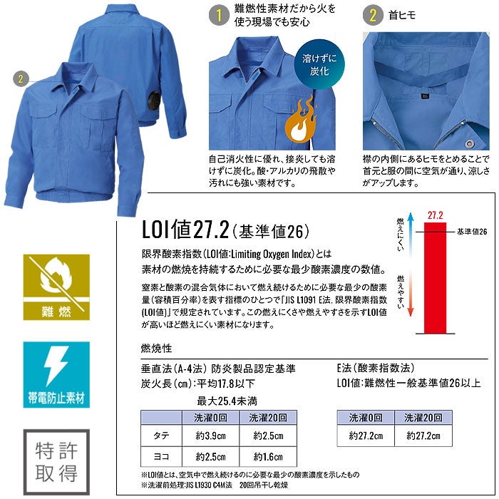 KF90740 長袖ワークブルゾン サンエス SUN-S 空調風神服専用 難燃 春夏 作業服 作業着 M～5L 難燃ビニロン74％・綿25％・複合繊維1％