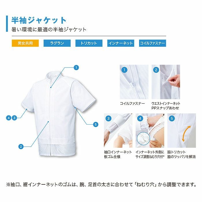 FX70975R 男女兼用混入だいきらい半袖ジャケット 工場白衣 SUN-S サンエス FoodMeister 白衣 春夏 S～5L ポリエステル65％・綿35％