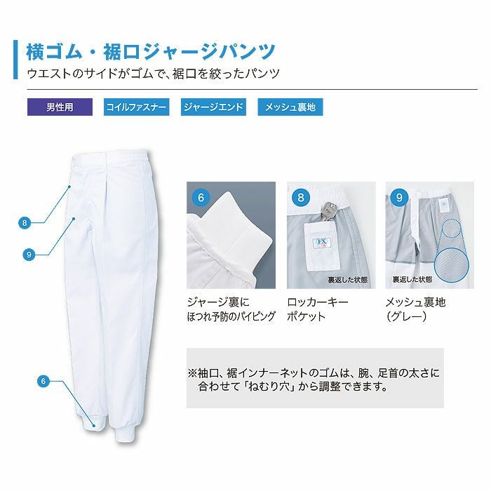 FX70976J 男性用混入だいきらい横ゴム・裾口ジャージパンツ 工場白衣 SUN-S サンエス 白衣 春夏 S～5L ポリエステル65％・綿35％