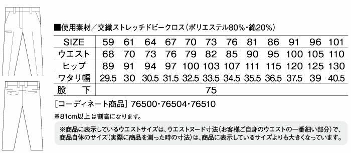 76506 製品制電ストレッチレディースパンツ（裏付） 自重堂 Z-DRAGON 春夏作業服 作業着 59～101cm ポリエステル80％・綿20％ 交織ストレッチドビークロス