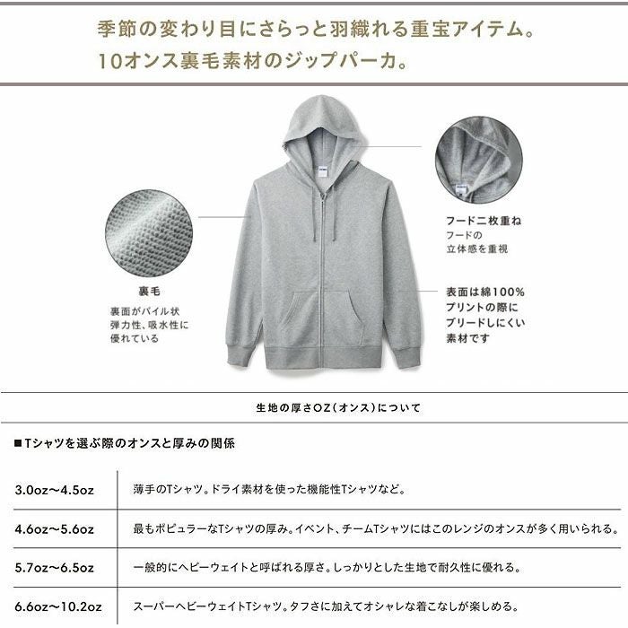 MS2120 10オンスフレンチテリージップパーカ LIFEMAX BONMAX 作業服 作業着 カジュアルウェア XS～XXL 綿52％・ポリエステル48％ 裏毛