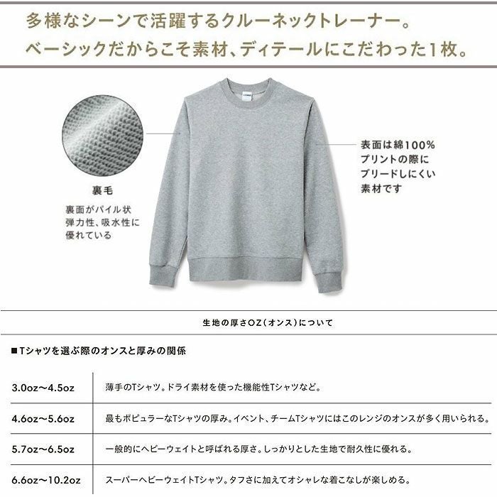  MS2122 10オンスフレンチテリークルーネックトレーナー LIFEMAX BONMAX 作業服 作業着 カジュアルウェア XS～XXL 綿52％・ポリエステル48％ 裏毛