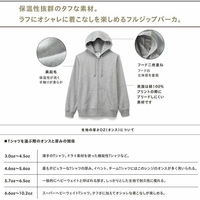 MS2113 10オンスフルジップパーカ LIFEMAX BONMAX 作業服 作業着 カジュアルウェア XS～XXL 綿52％・ポリエステル48％ 裏起毛