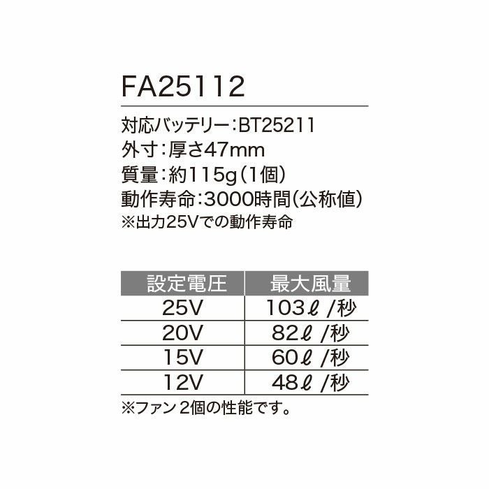 FA25112 空調服®ワンタッチファン 25V専用 最大風量103リットルの大風量 自重堂 ジーベック 春夏 作業服 ファン付き作業着 （株）セフト研究所