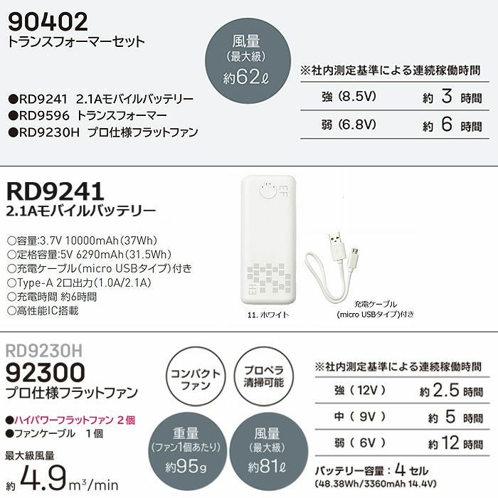  90402 RD9241＋RD9596＋RD9230H 2.1Aモバイルバッテリーとプロ仕様フラットファントランスフォーマーのデバイスセット 大川被服 春夏作業服 作業着 空調風神服専用
