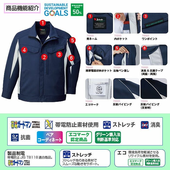 11000 エコ製品制電ストレッチジャンパー 自重堂 Jichodo 秋冬 作業服 作業着 SS-5L ポリエステル95％・綿5％ プラントペットストレッチ裏綿ツイル