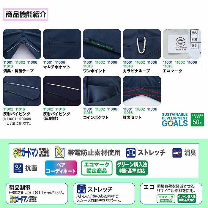 11002 エコ製品制電ストレッチノータックカーゴパンツ 自重堂 Jichodo 秋冬 作業服 作業着 70-120cm ポリエステル95％・綿5％ プラントペットストレッチ裏綿ツイル