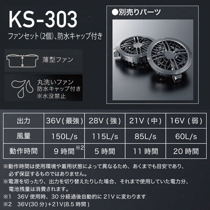 KS-303 ファンセット（2個） 防水キャップ付き kurodaruma クロダルマ ファン付き作業服用 空調ウェア KS303 エアーセンサーネオ AIRSENSORneo