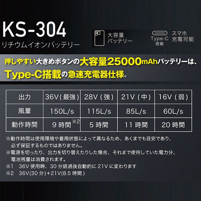 KS-304 リチウムイオンバッテリー kurodaruma クロダルマ ファン付き作業服用 空調ウェア KS304 エアーセンサーネオ AIRSENSORneo