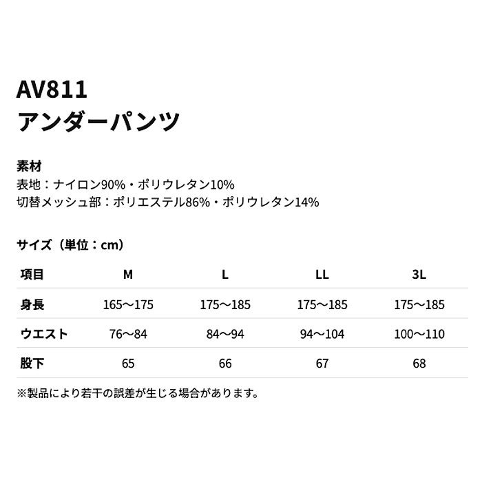 AV811 アンダーパンツ AVIREX WORK 春夏 作業服 作業着 コンプレッション アンダーパンツ M～3L ナイロン90％・ポリウレタン10％