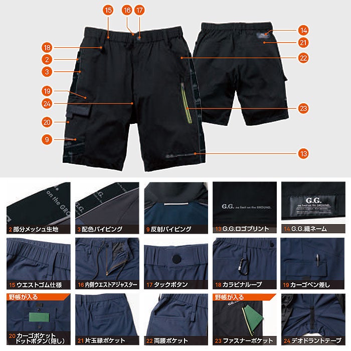 0648-17 ハーフパンツ ノータック 桑和 SOWA 春夏 作業服 作業着 接触冷感 ストレッチ S～4L ナイロン88％・ポリウレタン12％