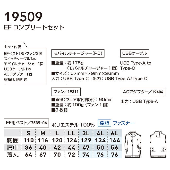 19509 EF用コンプリートセット 桑和 SOWA 春夏 作業服 作業着 S～6L ポリエステル100％