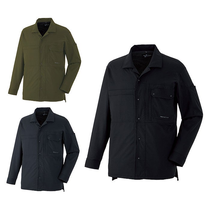 RE12511 オープンカラーシャツジャケット SUN-S サンエス REACTOR 作業服 作業着 春夏 S～5L ナイロン93・ポリウレタン6％・複合繊維1％ ナイロンストレッチドライクロス