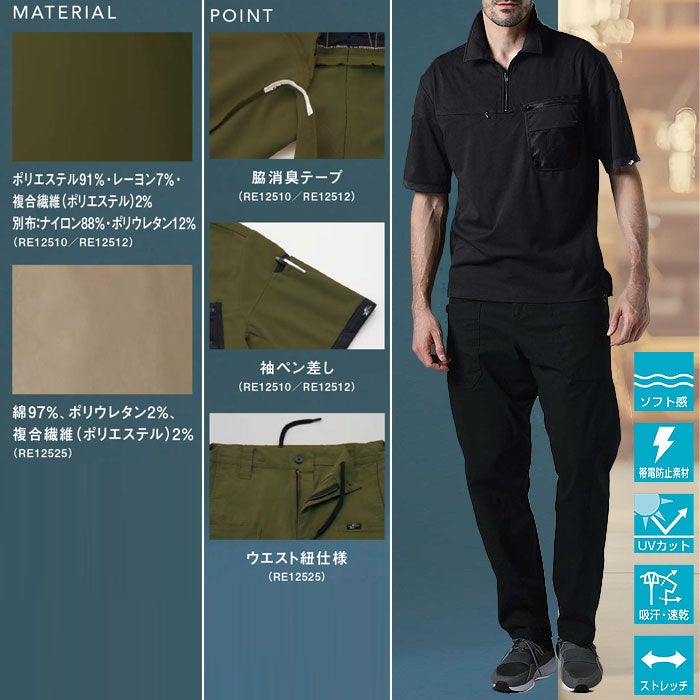 RE12510 ワークポロシャツ REACTOR SUN-S サンエス 春夏 作業服 S～5L ポリエステル91％・レーヨン7％・複合繊維2％ ソフト静電カノコ