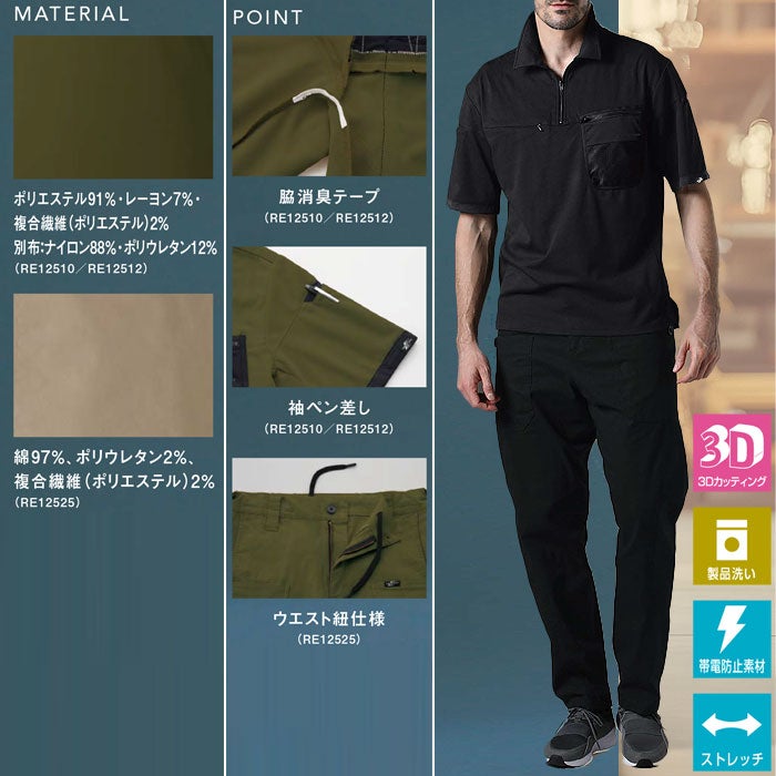 RE12525 グルカワークパンツ REACTOR SUN-S サンエス 春夏 作業服 S～5L 綿97％・ポリウレタン2％・複合繊維2％ 綿キャンバスストレッチ