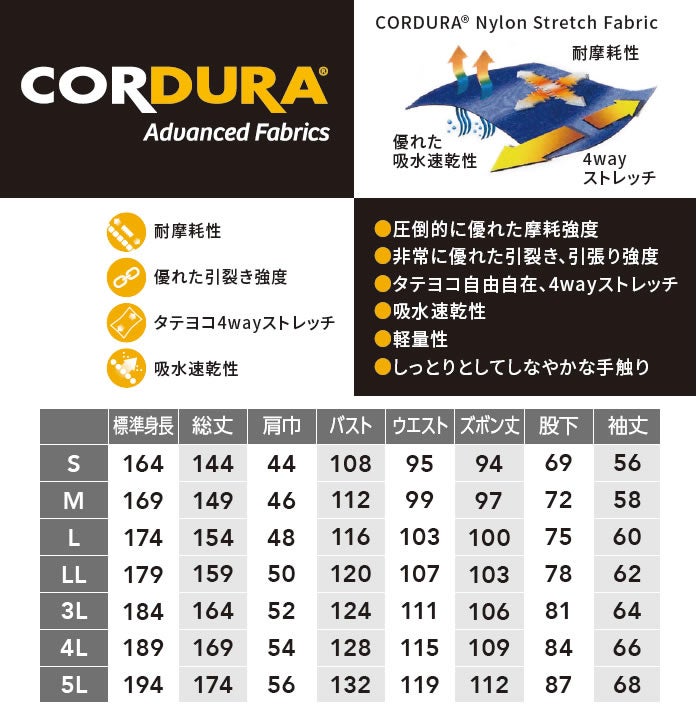 SD8400 CORDURA 4WAYストレッチツナギ ソルディ SUNDISK 春夏 つなぎ服 オーバーオール ツナギ 作業服 作業着 ナイロン88％・ポリウレタン12％