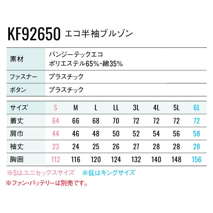 KF92650 エコ半袖ブルゾン サンエス SUN-S 空調風神服専用 春夏 作業服 作業着 ファン付き作業服 S～6L ポリエステル65％・綿35％