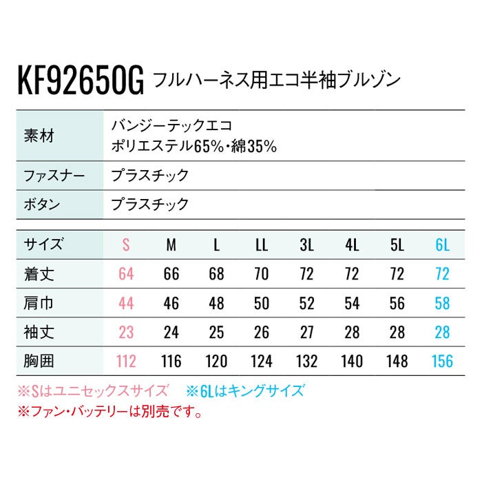 KF92650G フルハーネス用エコ半袖ブルゾン サンエス SUN-S 空調風神服専用 春夏 作業服 作業着 ファン付き作業服 S～6L ポリエステル65％・綿35％