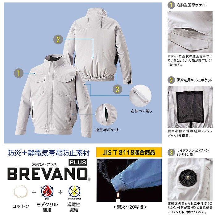 KF92661 難燃制電長袖ブルゾン サンエス SUN-S 空調風神服専用 春夏 作業服 作業着 ファン付き作業服 S～5L 綿55％・モダクリル45％ ブレバノプラス