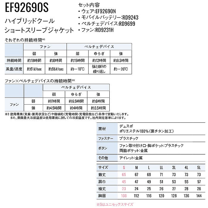 EF92690S ハイブリッドクールショートスリーブジャケット ファン・ペルチェ・デバイス含むフルセット EXFROZEN SUN-S サンエス 春夏 作業服 作業着 ペルチェウェア 空調ウェア 刺繍加工不可