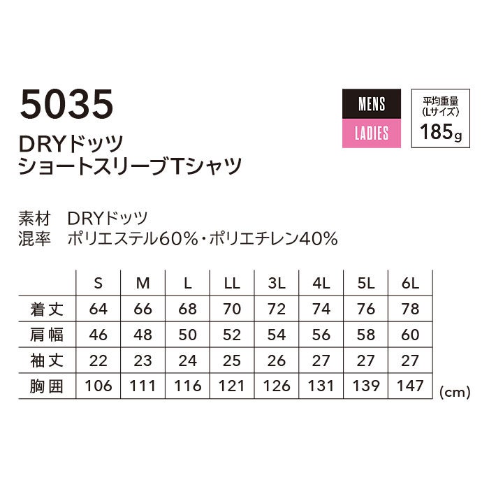 5035 DRYドッツショートスリーブTシャツ TSDESIGN TSデザイン Knicker's ニッカーズ 作業服 春夏 半袖Tシャツ 作業着 S～6L ポリエステル60％・ポリエチレン40％ DRYドッツ
