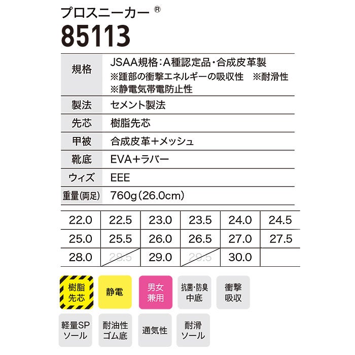 85113 プロスニーカー® XEBEC ジーベック 安全靴 安全スニーカー 22～30cm 合成皮革＋メッシュ