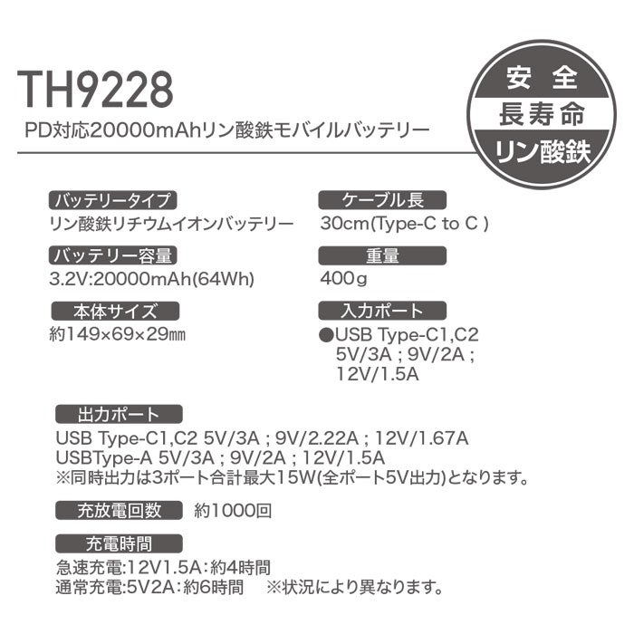 TH9228 PD対応20000mAhリン酸鉄モバイルバッテリー 安全 長寿命 発火の危険性が低いリン酸鉄 メーカー1年保証付き