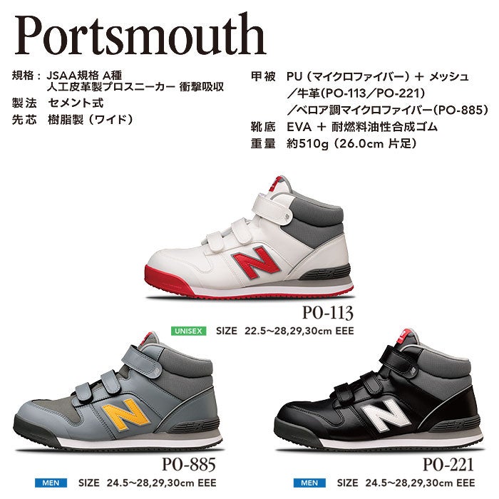 new balance（ニューバランス）安全靴 Portsmouth（ポーツマス） ハイカット マジックテープ仕様 安全スニーカー 24.5cm～30.0cm EEE 3E PO-113 PO-221 PO-885