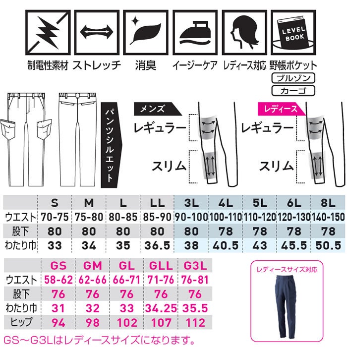 7062-08 カーゴパンツ ワンタック 脇ゴム 桑和 SOWA 秋冬 作業服 作業着 JIS制電 ストレッチ 消臭 GS～G3L S～8L ポリエステル100％ ツイル